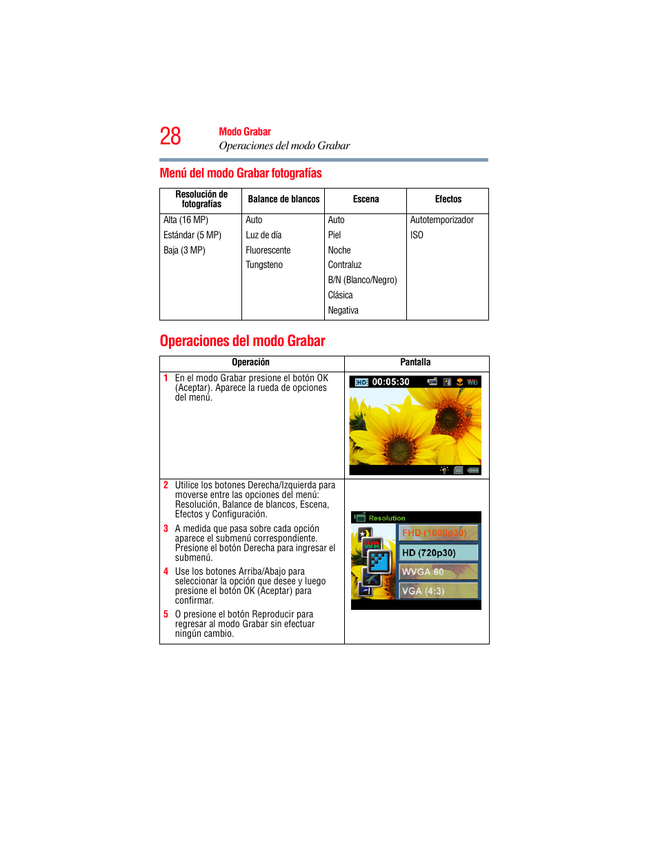 Menú del modo grabar fotografías, Operaciones del modo grabar | Toshiba Camileo S20 User Manual | Page 97 / 138