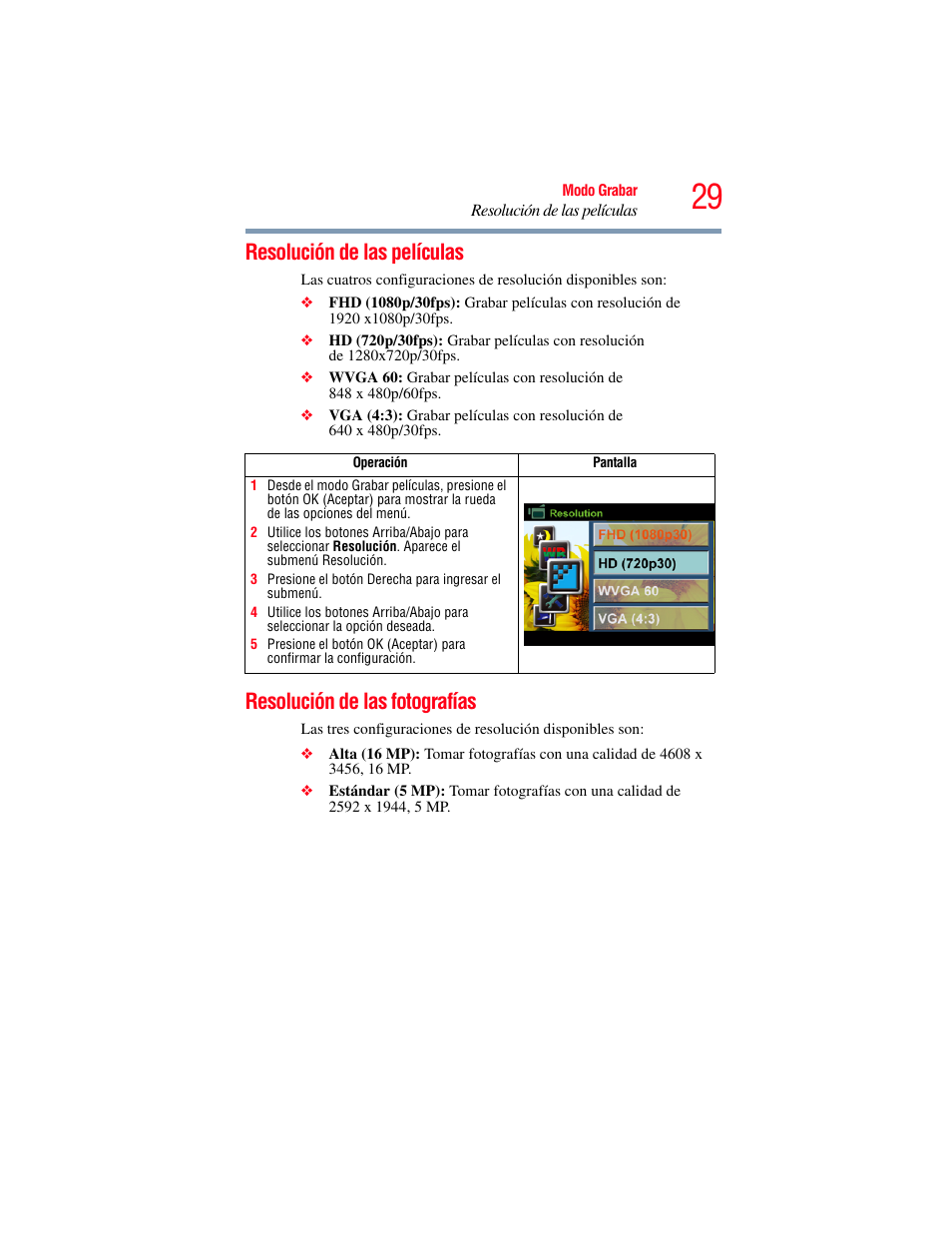 Resolución de las películas, Resolución de las fotografías | Toshiba Camileo S20 User Manual | Page 98 / 138