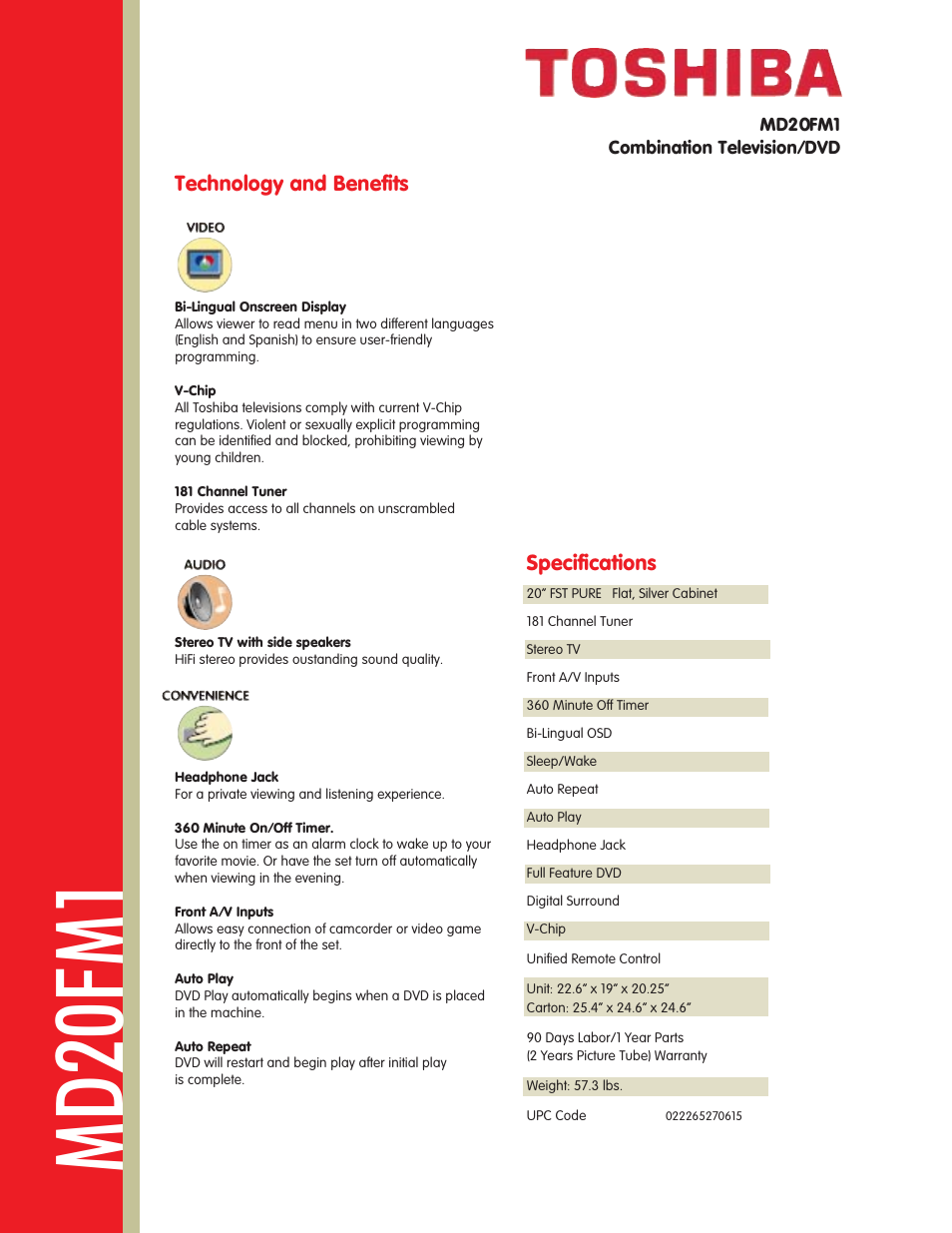Md20fm1, Technology and benefits, Specifications | Toshiba MD20FM1 User Manual | Page 2 / 2