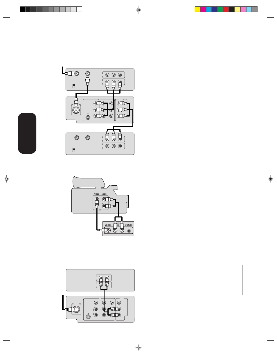 Two vcrs / camcorder / audio amplifier, Connecting two vcrs, Connecting a camcorder | Connecting an audio amplifier, Connecting your tv, Camcorder front panel of tv, Stereo vcr / playback tv stereo vcr/ recording | Toshiba 14AF43 User Manual | Page 10 / 36