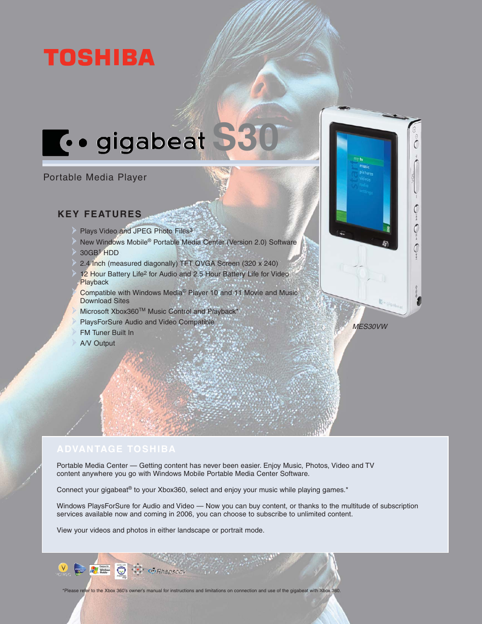 Toshiba HDD Portable Media Player Gigabeat S 30 User Manual | 2 pages