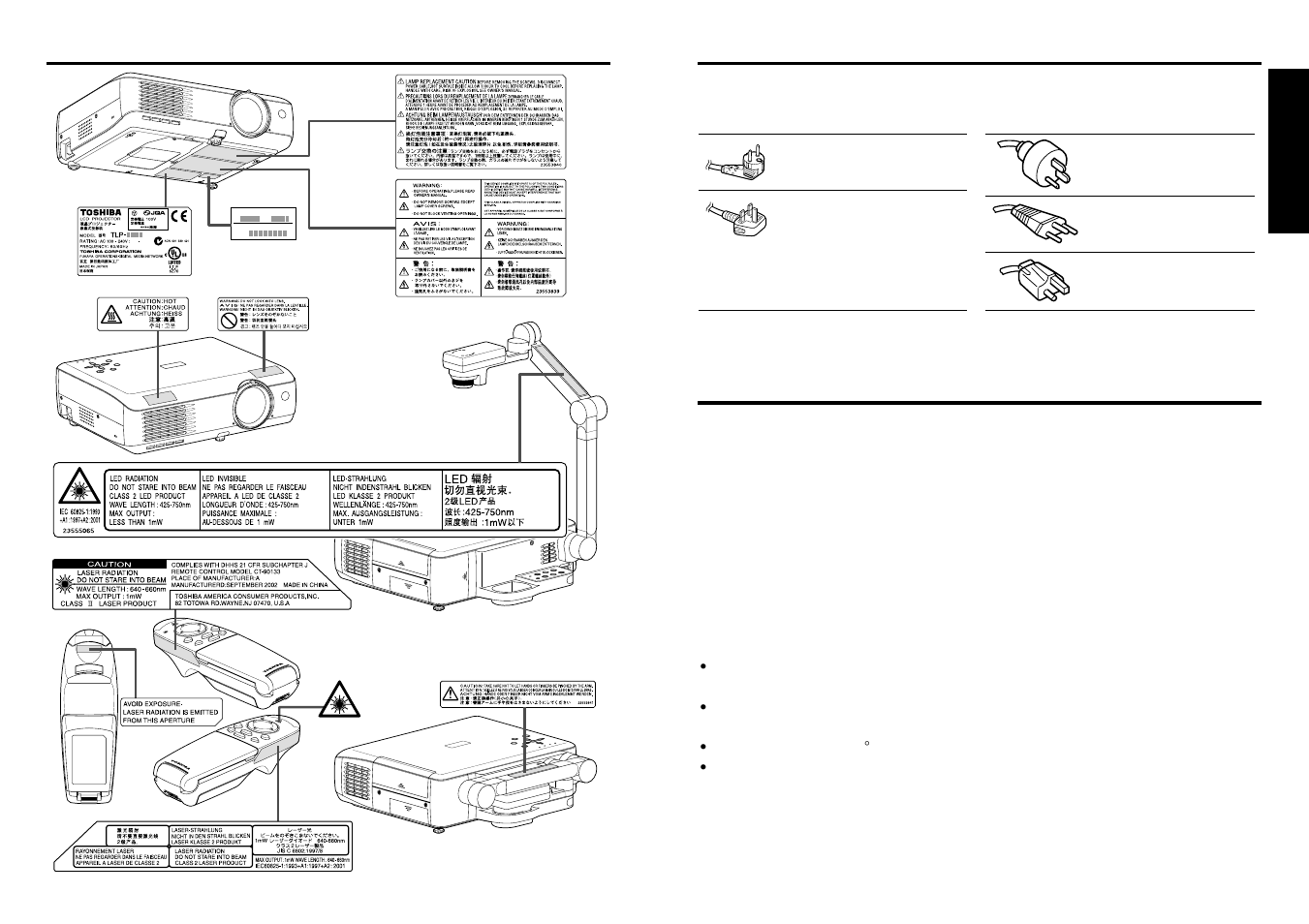 Label locations, Power supply cord selection, Important precautions | Bef ore using, Save original packing materials, Moisture condensation, Place and manner of installation | Toshiba TLP T521E User Manual | Page 5 / 37