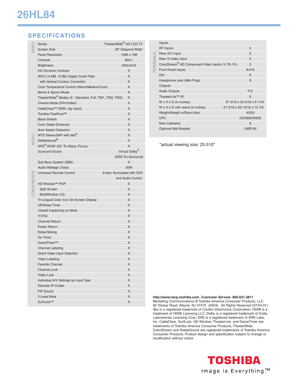 26hl84 | Toshiba 26HL84 User Manual | Page 2 / 2