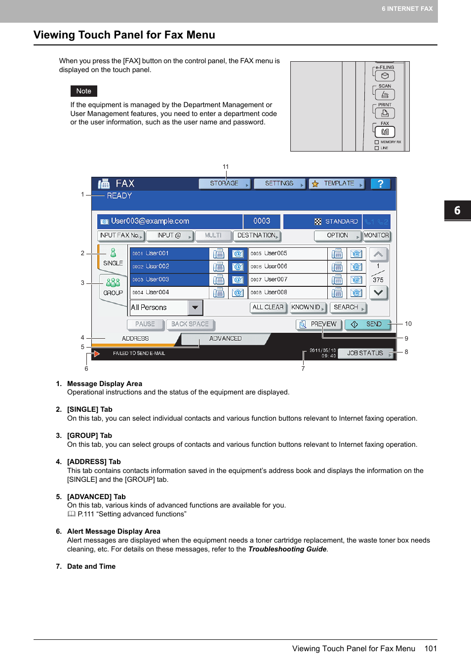 Viewing touch panel for fax menu | Toshiba e-STUDIO Multifunctional Digital Systems 356SE User Manual | Page 103 / 124