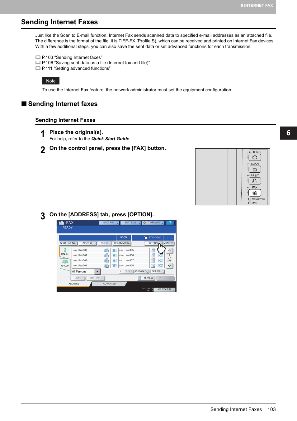 Sending internet faxes, P.103 “sending internet faxes | Toshiba e-STUDIO Multifunctional Digital Systems 356SE User Manual | Page 105 / 124
