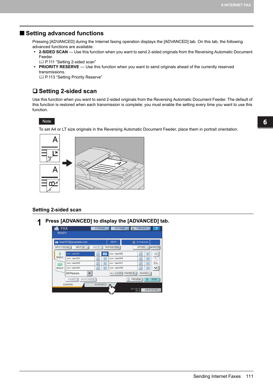 Setting advanced functions, Setting 2-sided scan, P.111 “setting advanced functions | Toshiba e-STUDIO Multifunctional Digital Systems 356SE User Manual | Page 113 / 124