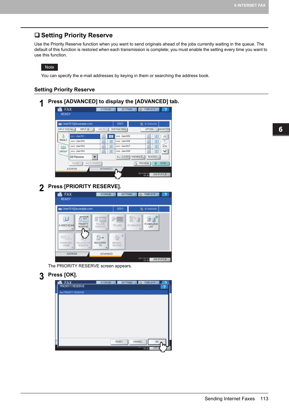 Setting priority reserve, P.113 “setting priority reserve | Toshiba e-STUDIO Multifunctional Digital Systems 356SE User Manual | Page 115 / 124