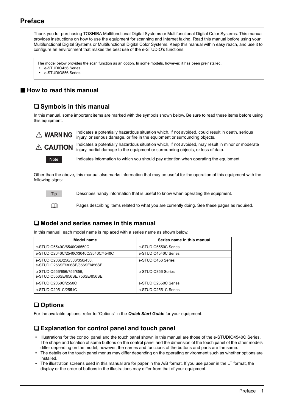 Preface, How to read this manual, Symbols in this manual | Model and series names in this manual, Options, Explanation for control panel and touch panel, How to read this manual  symbols in this manual | Toshiba e-STUDIO Multifunctional Digital Systems 356SE User Manual | Page 3 / 124