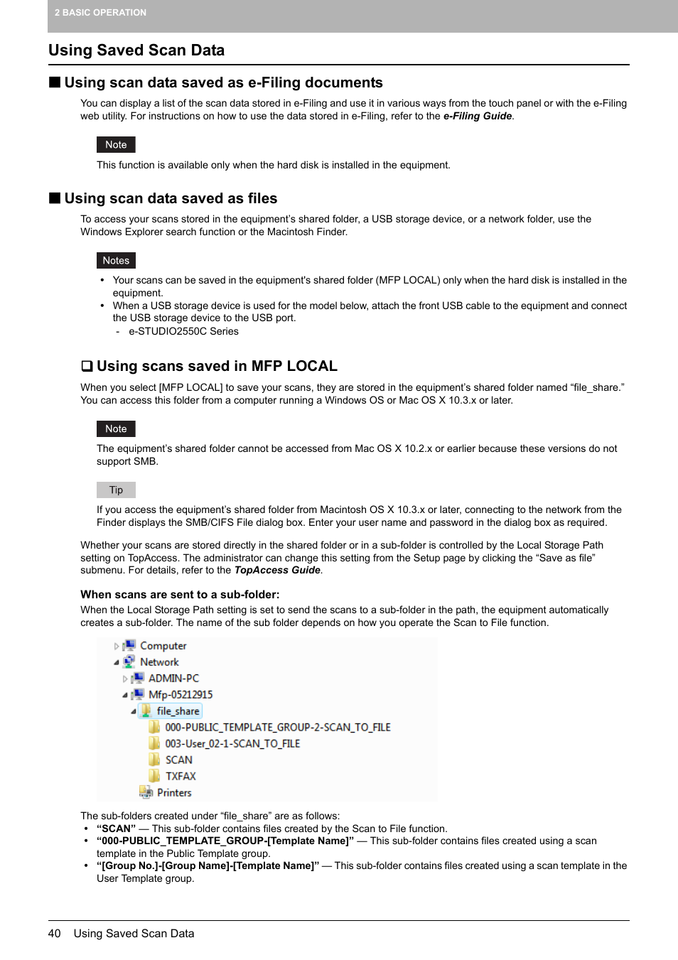 Using saved scan data, Using scan data saved as e-filing documents, Using scan data saved as files | Using scans saved in mfp local | Toshiba e-STUDIO Multifunctional Digital Systems 356SE User Manual | Page 42 / 124