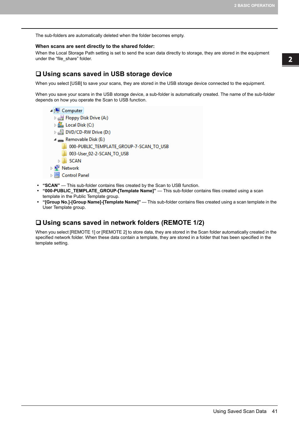 Using scans saved in usb storage device, Using scans saved in network folders (remote 1/2) | Toshiba e-STUDIO Multifunctional Digital Systems 356SE User Manual | Page 43 / 124