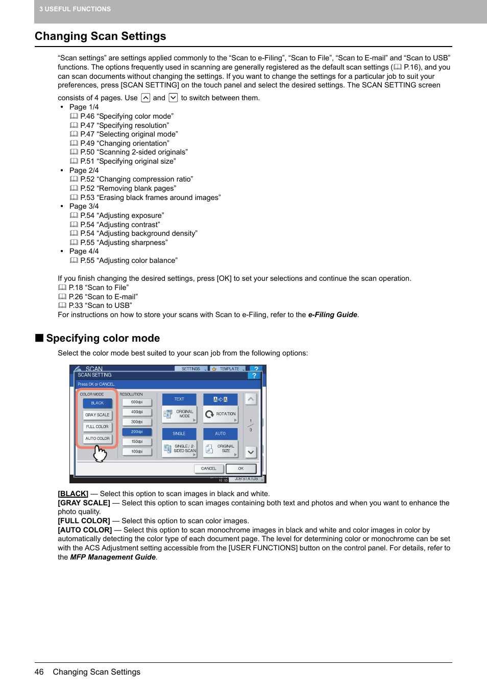 Changing scan settings, Specifying color mode, P.46 “specifying color mode | P.46 “changing scan settings | Toshiba e-STUDIO Multifunctional Digital Systems 356SE User Manual | Page 48 / 124