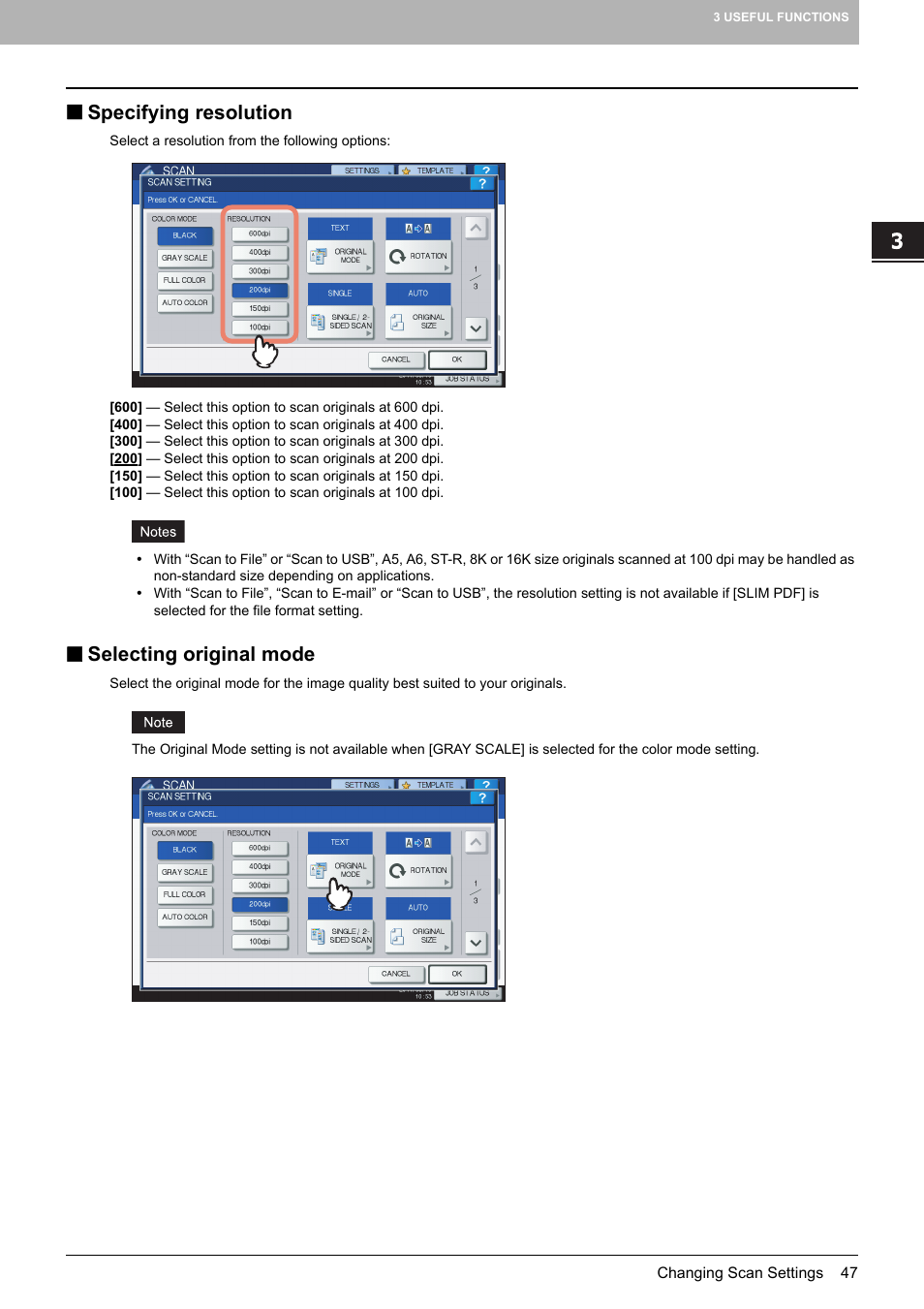 Specifying resolution, Selecting original mode, Specifying resolution selecting original mode | P.47 “specifying resolution, P.47 “selecting original mode | Toshiba e-STUDIO Multifunctional Digital Systems 356SE User Manual | Page 49 / 124