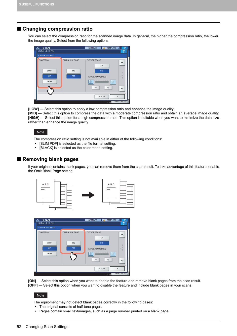 Changing compression ratio, P.52 “changing compression ratio, Removing blank pages | Toshiba e-STUDIO Multifunctional Digital Systems 356SE User Manual | Page 54 / 124