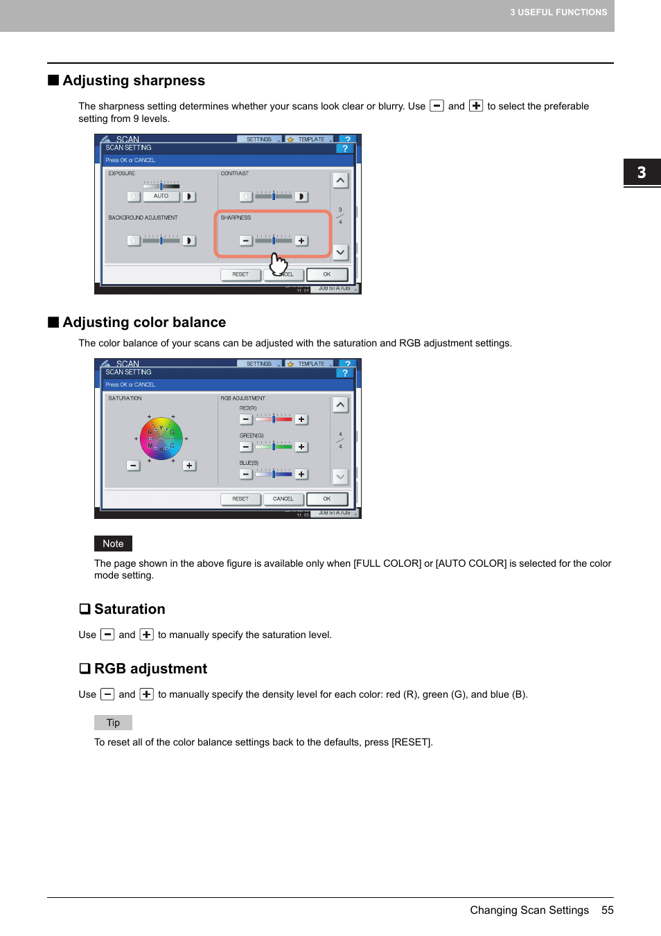 Adjusting sharpness, Adjusting color balance, Saturation | Rgb adjustment, Adjusting sharpness adjusting color balance, P.55 “adjusting sharpness, P.55 “adjusting color balance | Toshiba e-STUDIO Multifunctional Digital Systems 356SE User Manual | Page 57 / 124