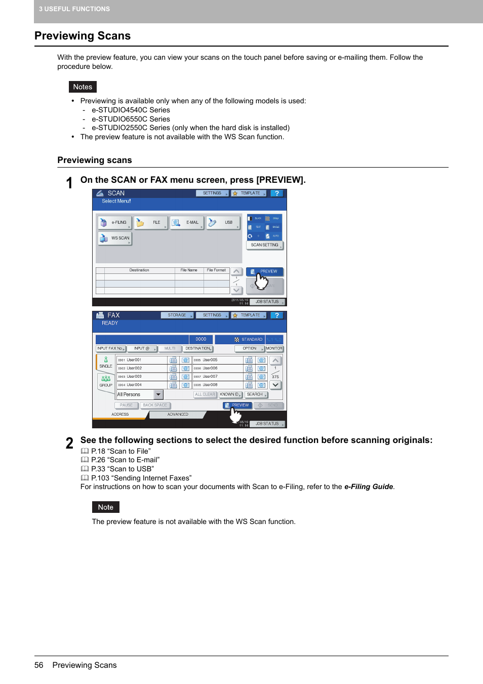 Previewing scans, P.56 “previewing scans | Toshiba e-STUDIO Multifunctional Digital Systems 356SE User Manual | Page 58 / 124