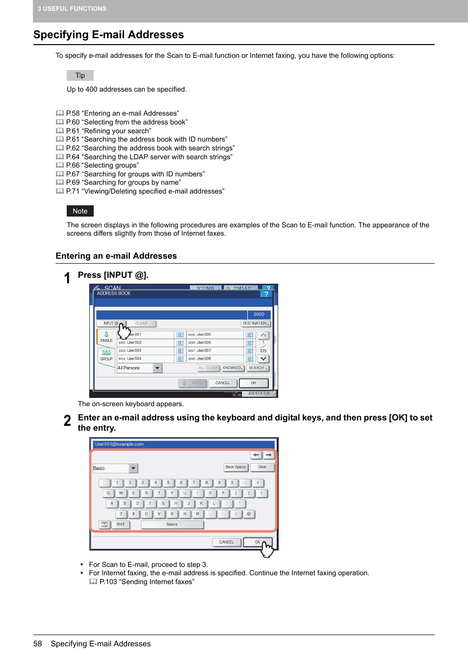 Specifying e-mail addresses | Toshiba e-STUDIO Multifunctional Digital Systems 356SE User Manual | Page 60 / 124