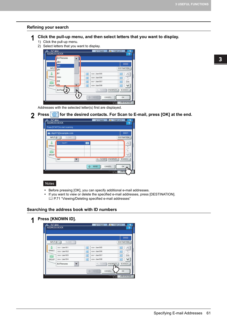 P.61 “refining your search, P.61 “searching the address book with id numbers | Toshiba e-STUDIO Multifunctional Digital Systems 356SE User Manual | Page 63 / 124