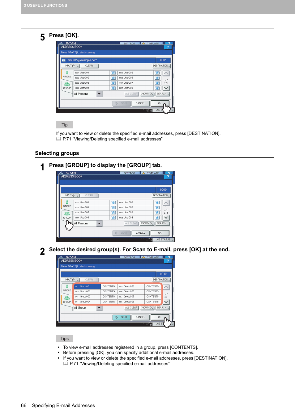 P.66 “selecting groups | Toshiba e-STUDIO Multifunctional Digital Systems 356SE User Manual | Page 68 / 124