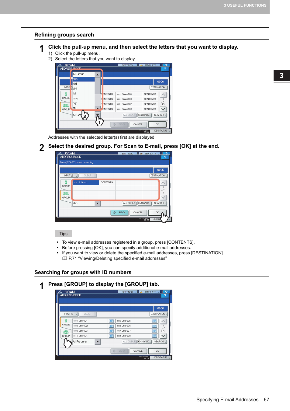 P.67 “searching for groups with id numbers | Toshiba e-STUDIO Multifunctional Digital Systems 356SE User Manual | Page 69 / 124