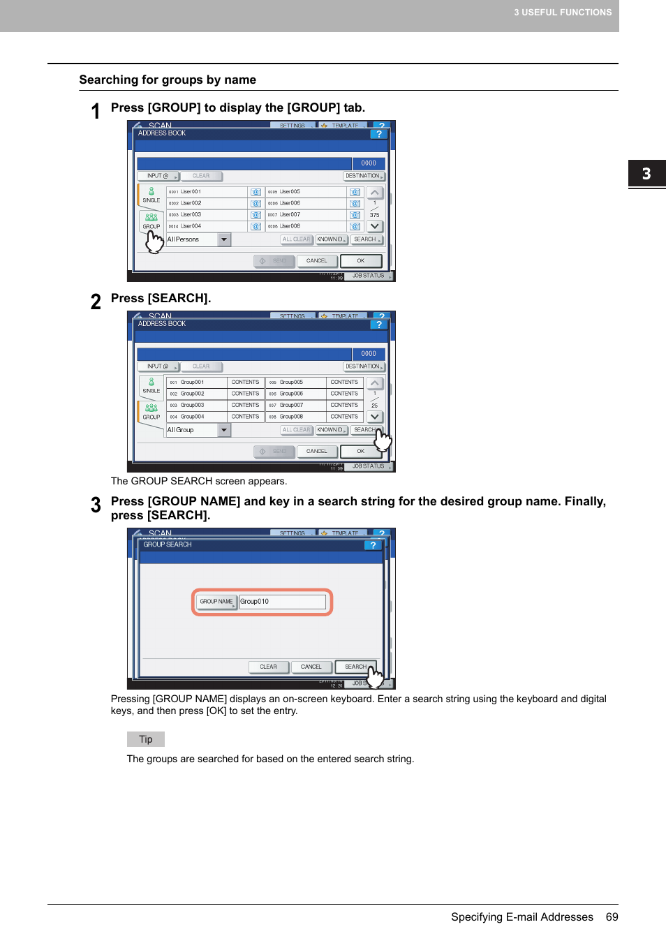 P.69 “searching for groups by name | Toshiba e-STUDIO Multifunctional Digital Systems 356SE User Manual | Page 71 / 124