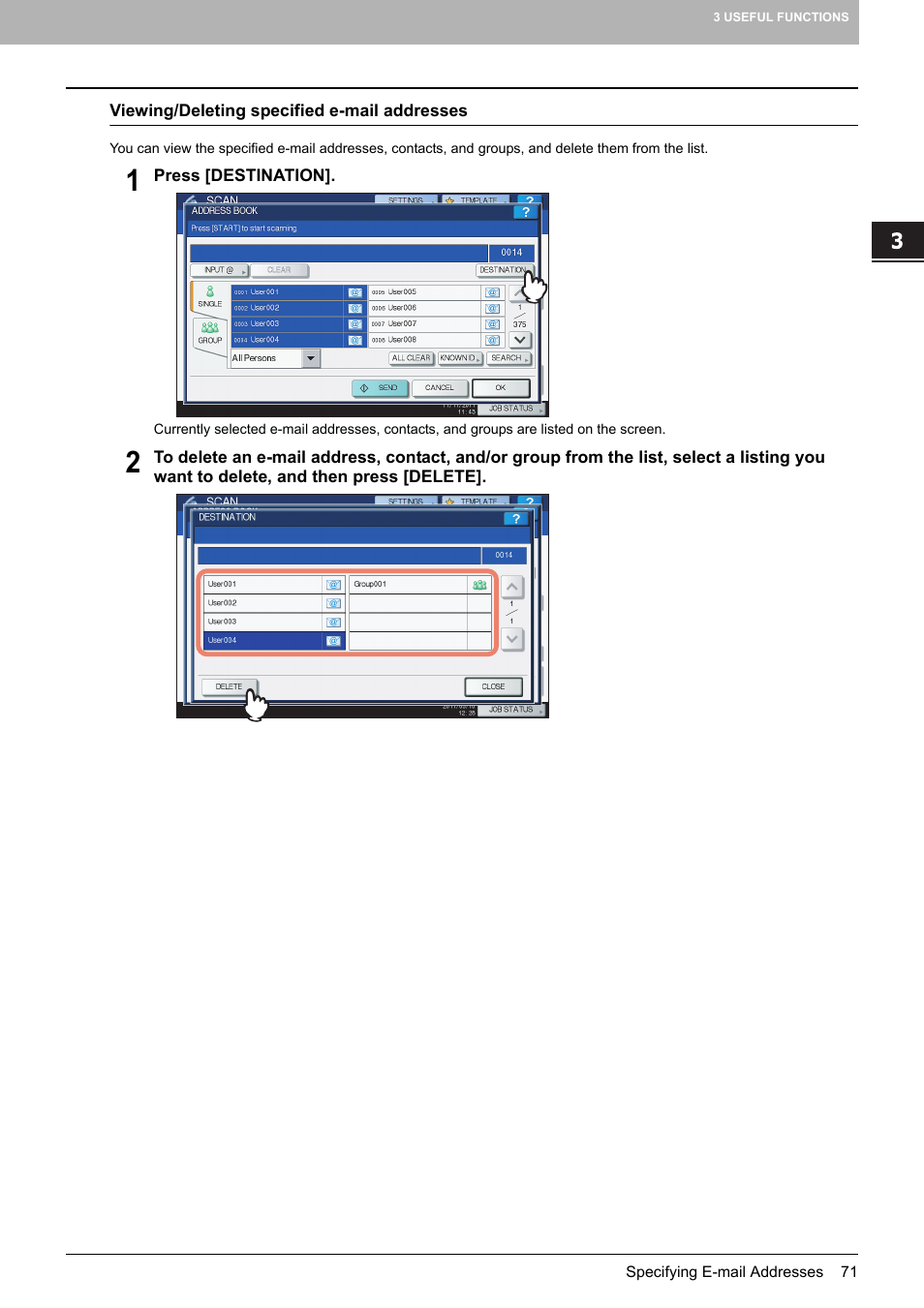 P.71 “viewing/deleting specified e-mail addresses | Toshiba e-STUDIO Multifunctional Digital Systems 356SE User Manual | Page 73 / 124