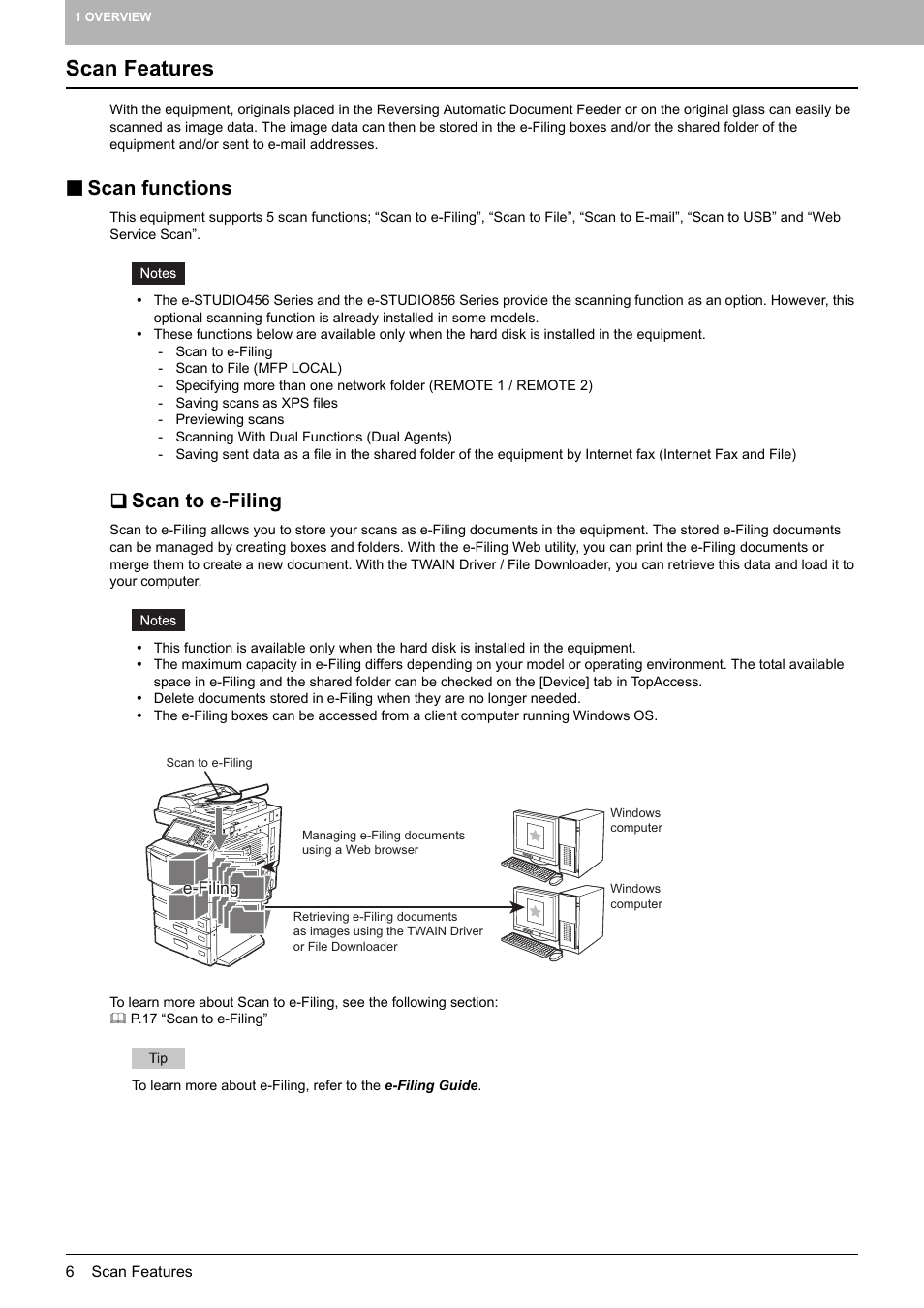 Scan features, Scan functions, Scan to e-filing | Toshiba e-STUDIO Multifunctional Digital Systems 356SE User Manual | Page 8 / 124