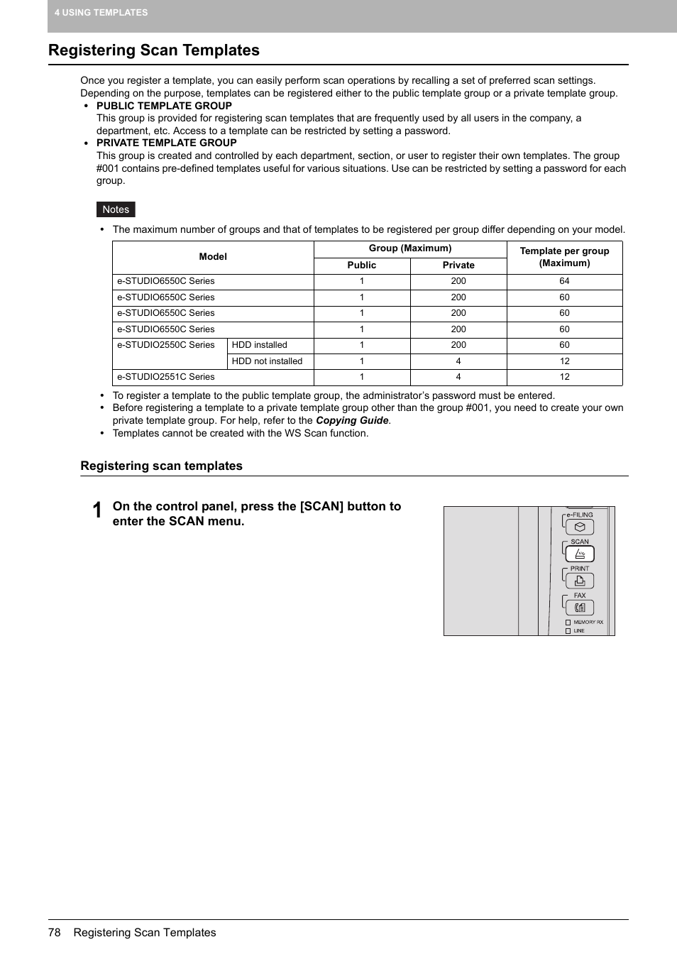 Registering scan templates | Toshiba e-STUDIO Multifunctional Digital Systems 356SE User Manual | Page 80 / 124
