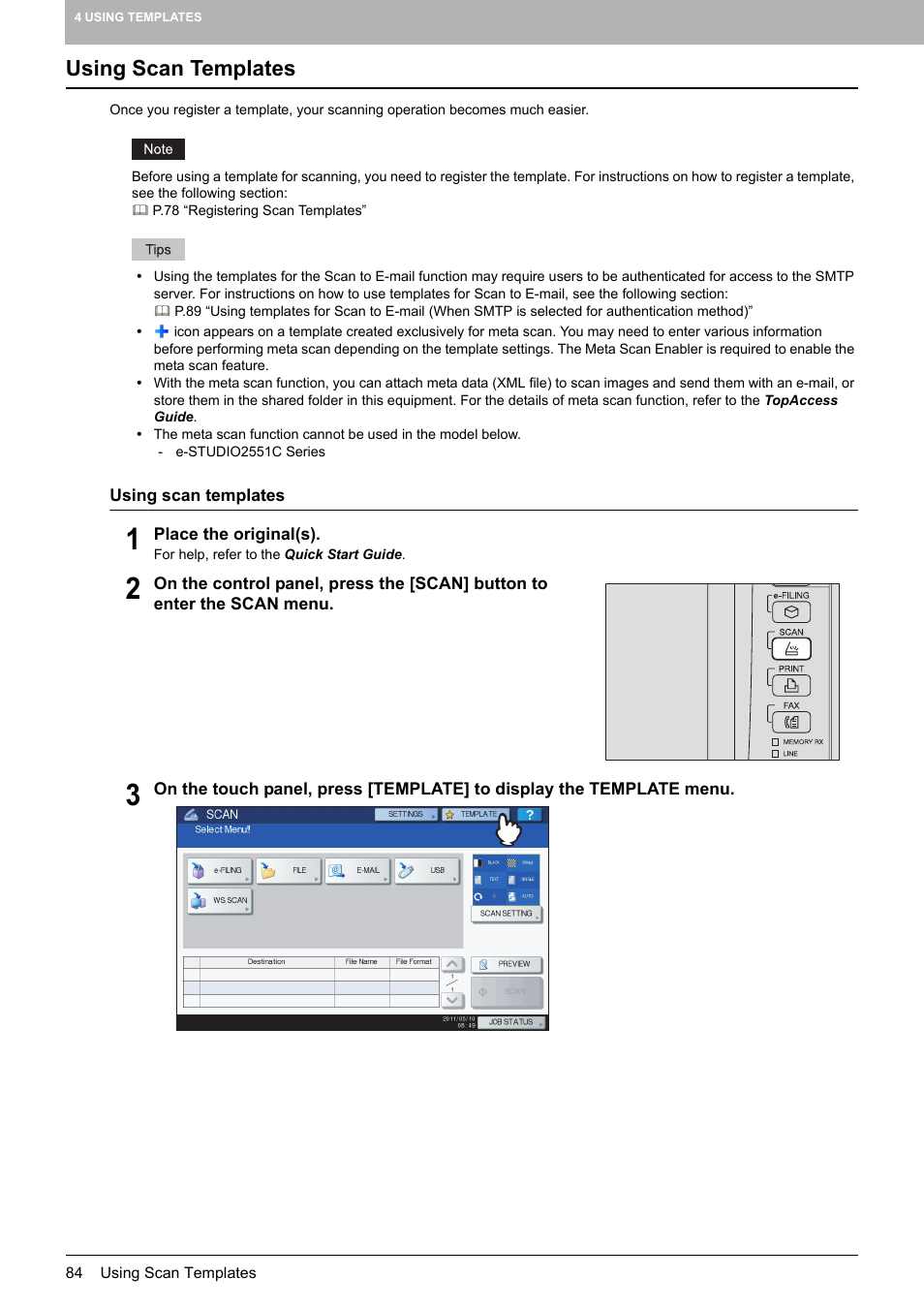 Using scan templates | Toshiba e-STUDIO Multifunctional Digital Systems 356SE User Manual | Page 86 / 124