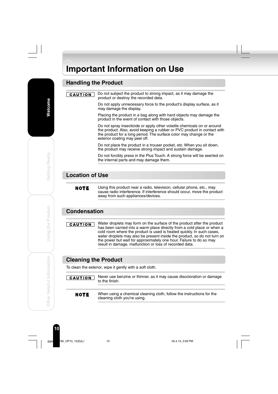 Important information on use, Handling the product, Location of use | Condensation, Cleaning the product | Toshiba MEGF40 User Manual | Page 10 / 75