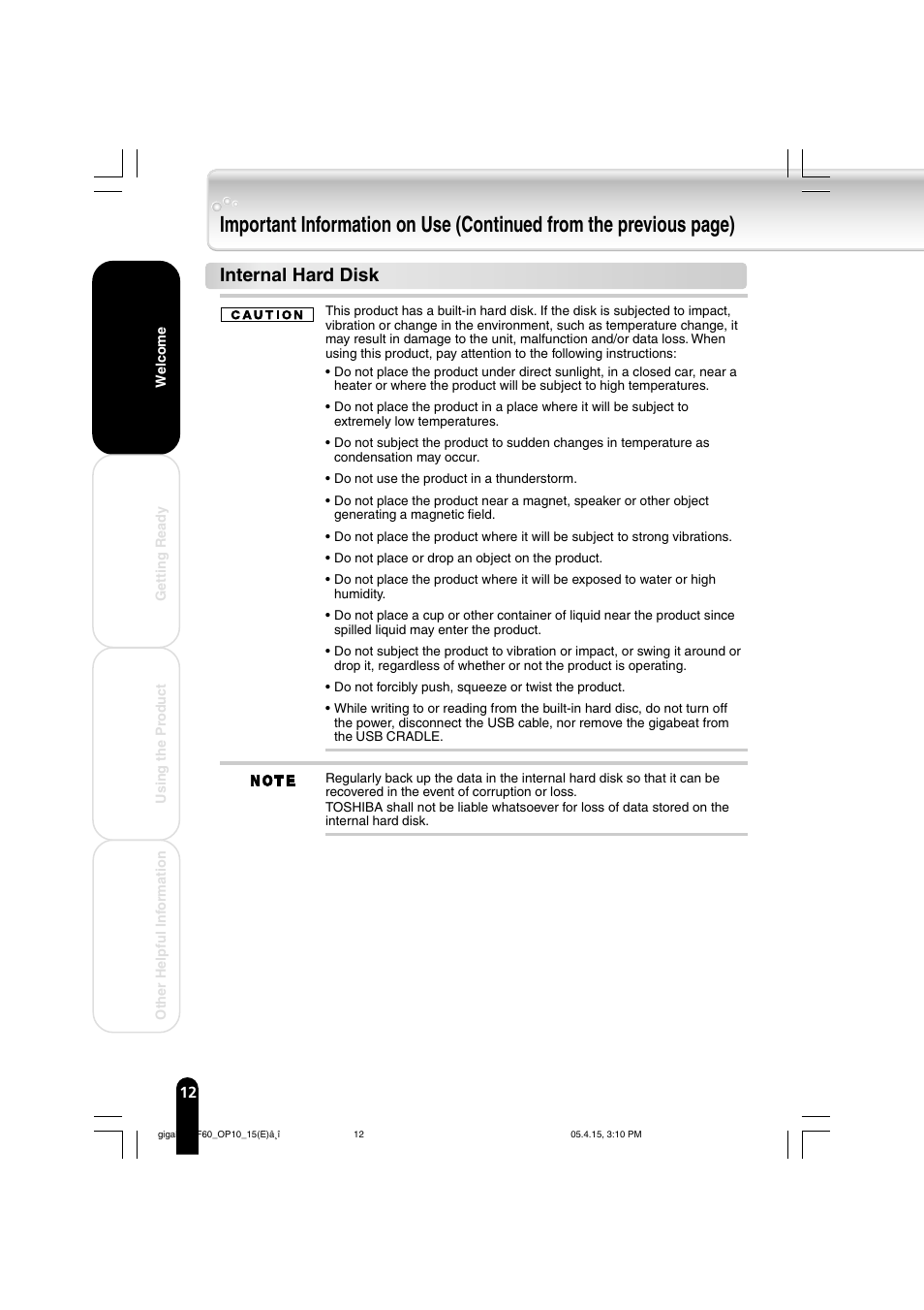 Internal hard disk | Toshiba MEGF40 User Manual | Page 12 / 75