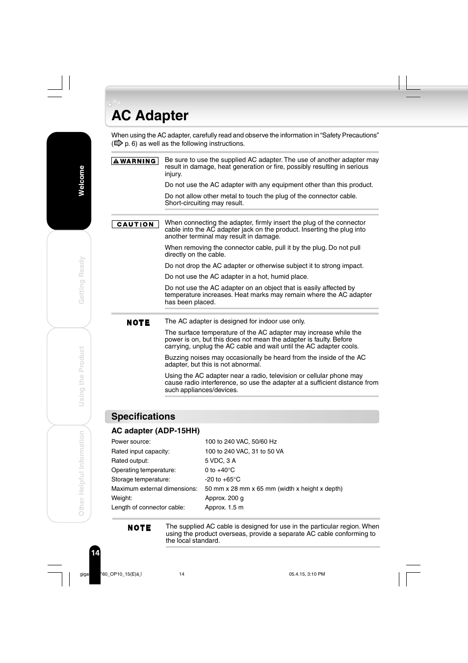 Ac adapter, Specifications | Toshiba MEGF40 User Manual | Page 14 / 75