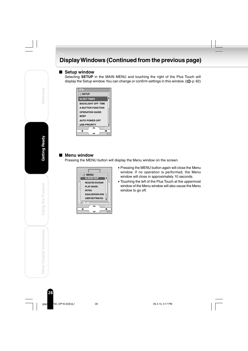 Display windows (continued from the previous page), Menu window, Setup window | Toshiba MEGF40 User Manual | Page 28 / 75