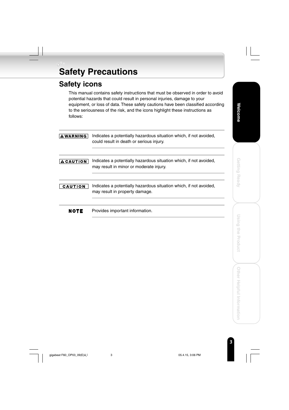 Safety precautions, Safety icons | Toshiba MEGF40 User Manual | Page 3 / 75