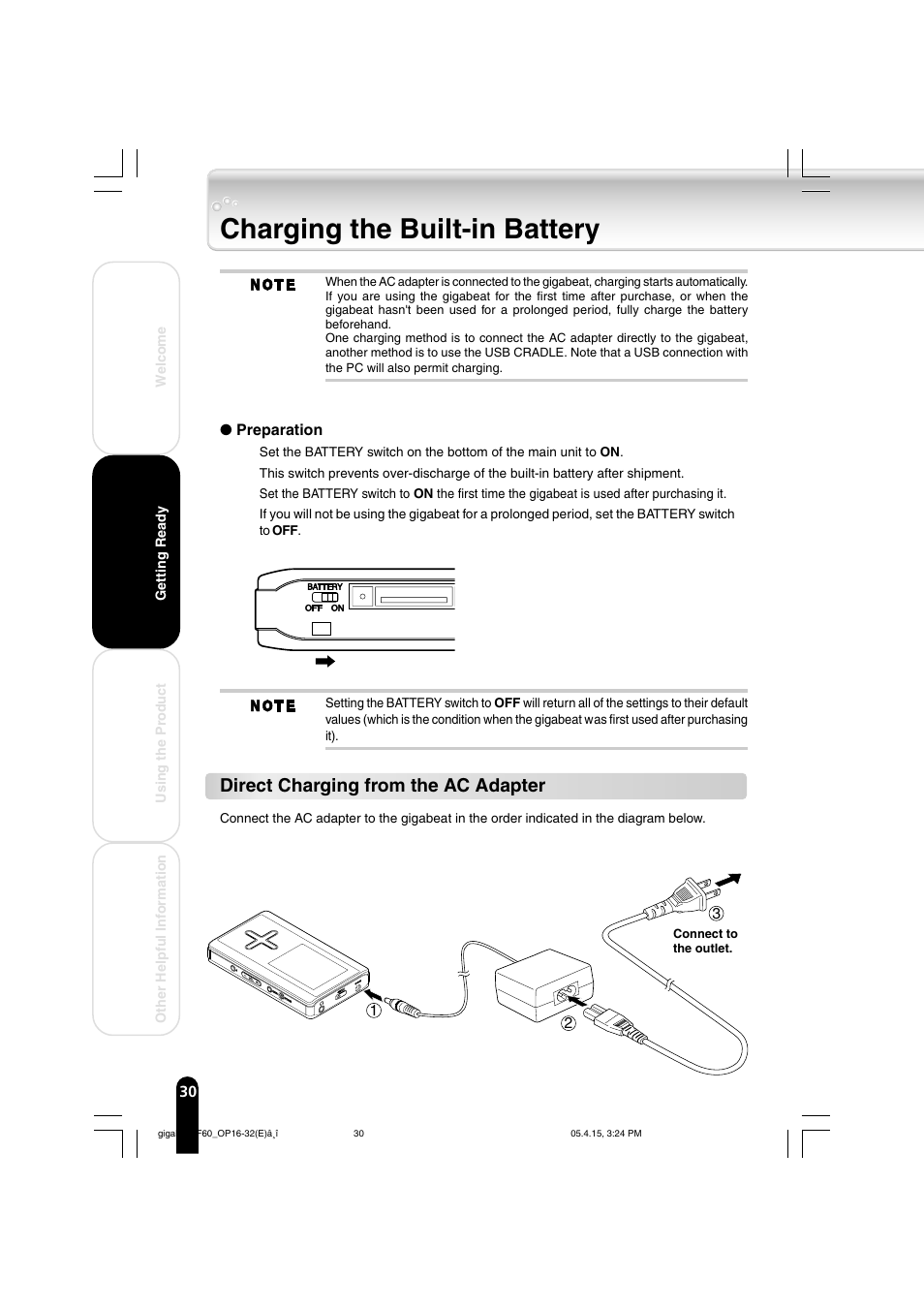 Charging the built-in battery, Direct charging from the ac adapter | Toshiba MEGF40 User Manual | Page 30 / 75