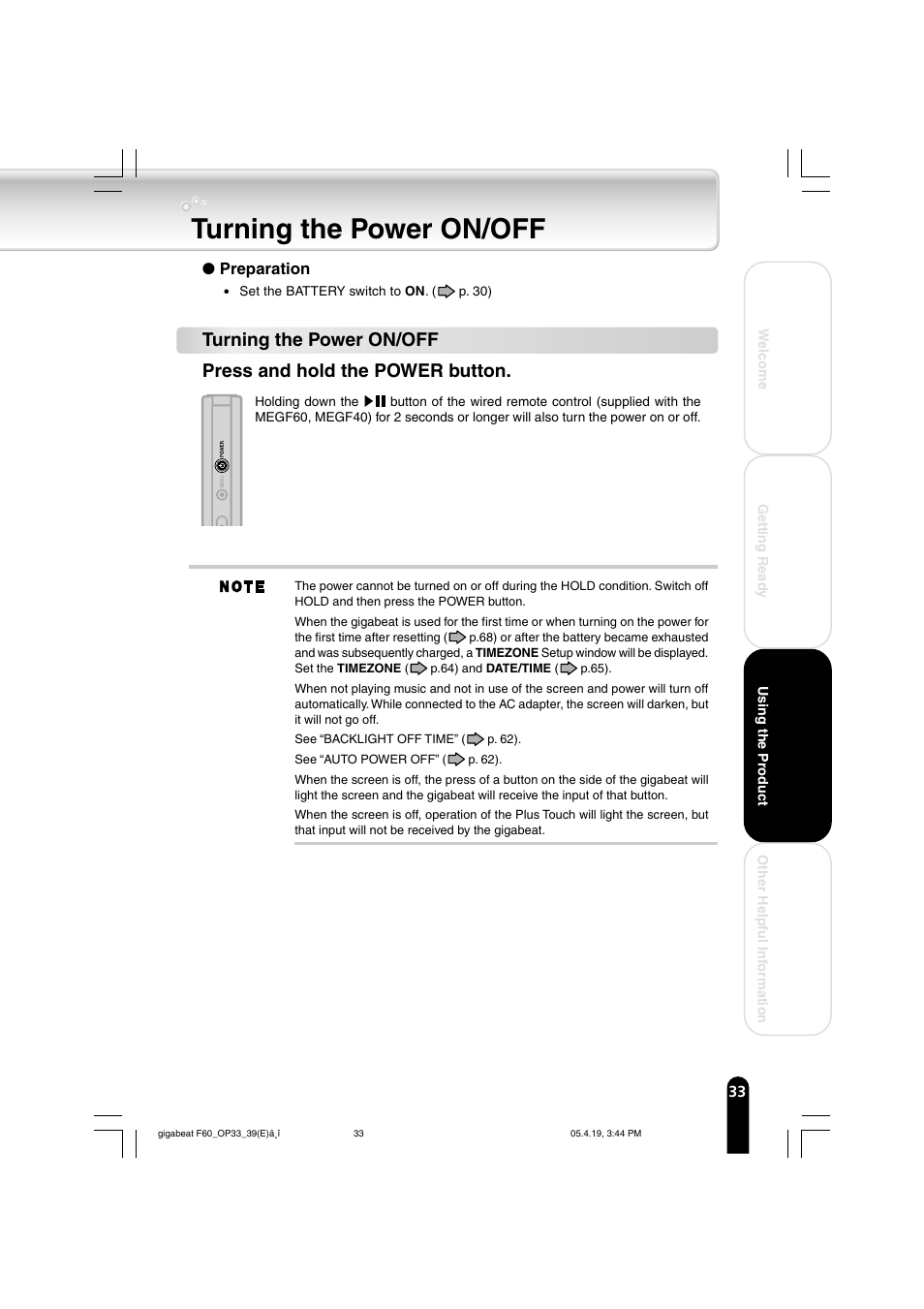 Turning the power on/off | Toshiba MEGF40 User Manual | Page 33 / 75