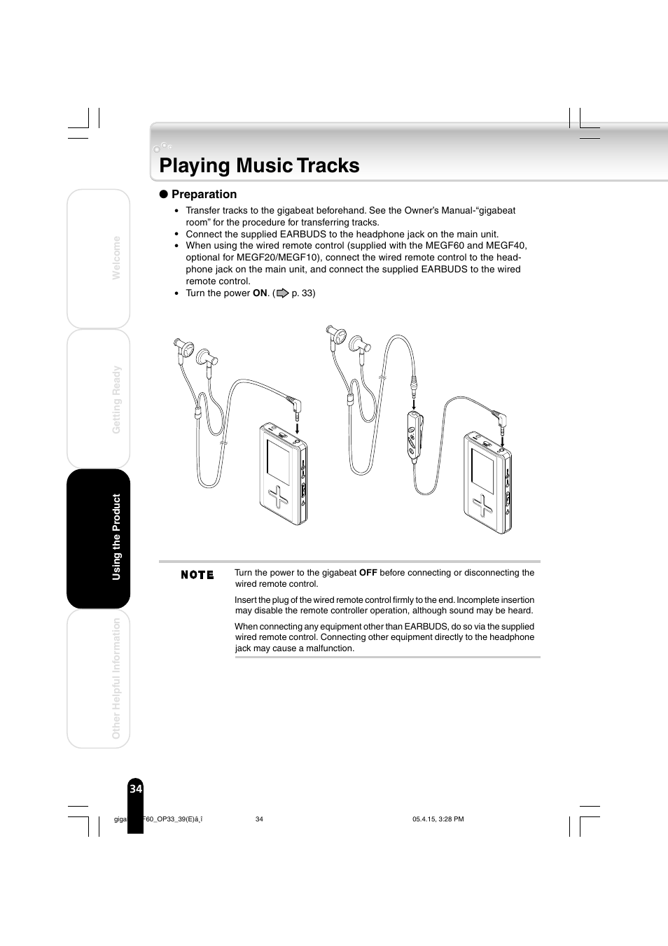 Playing music tracks, Preparation | Toshiba MEGF40 User Manual | Page 34 / 75