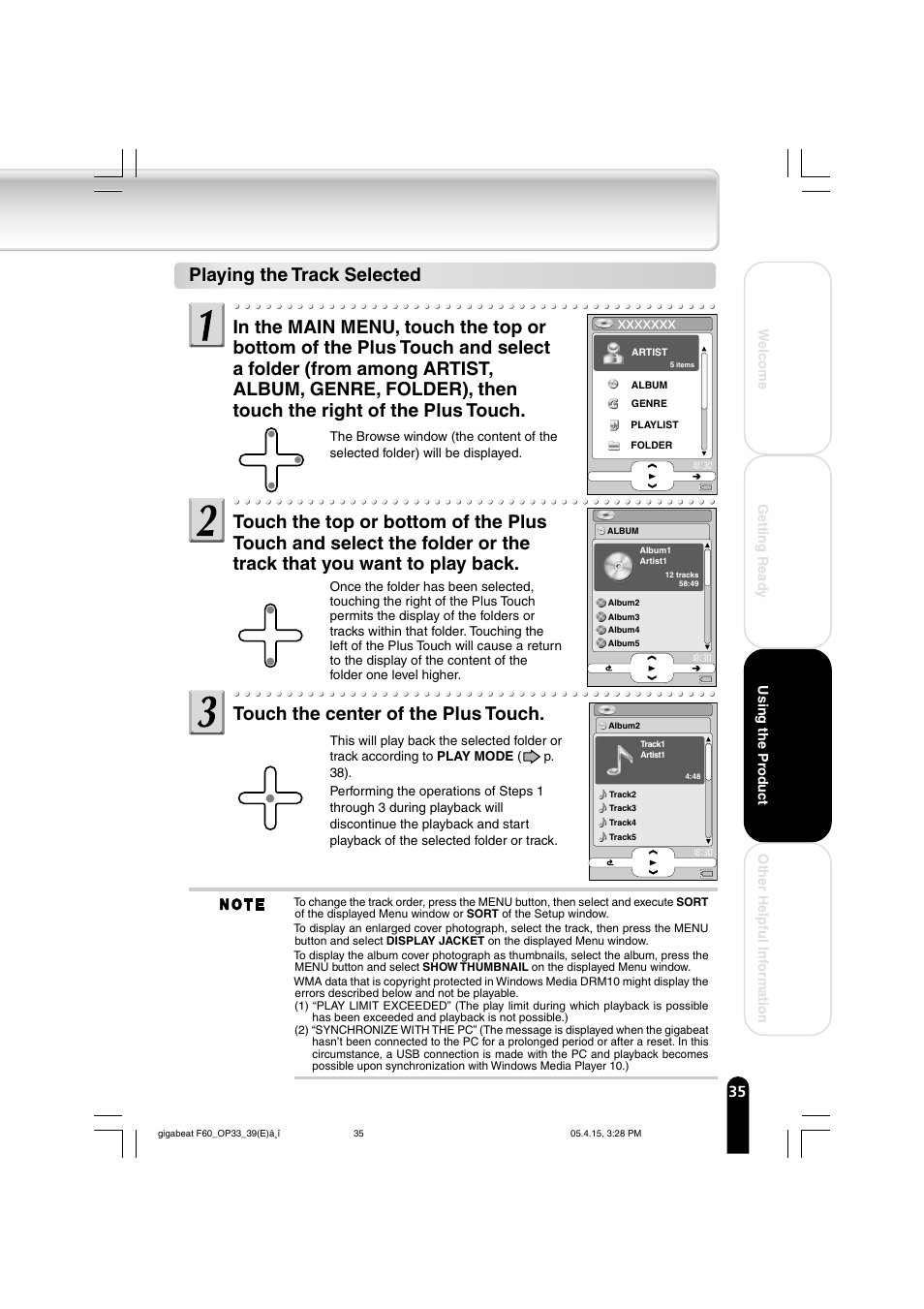 Touch the center of the plus touch | Toshiba MEGF40 User Manual | Page 35 / 75