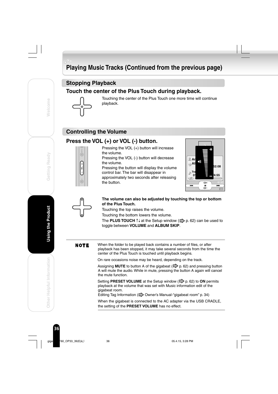 Touch the center of the plus touch during playback | Toshiba MEGF40 User Manual | Page 36 / 75