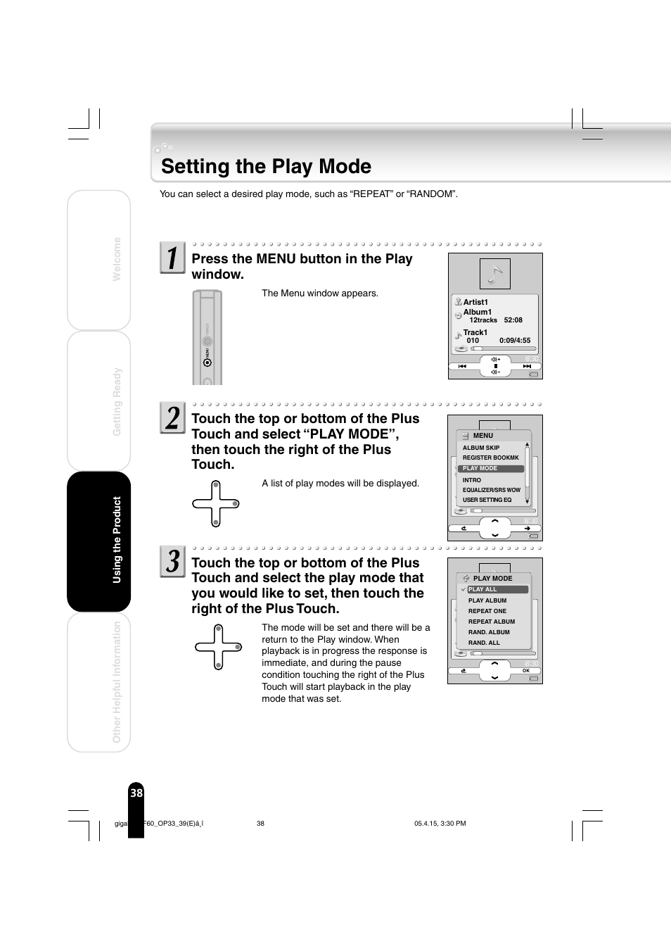 Setting the play mode, Press the menu button in the play window | Toshiba MEGF40 User Manual | Page 38 / 75