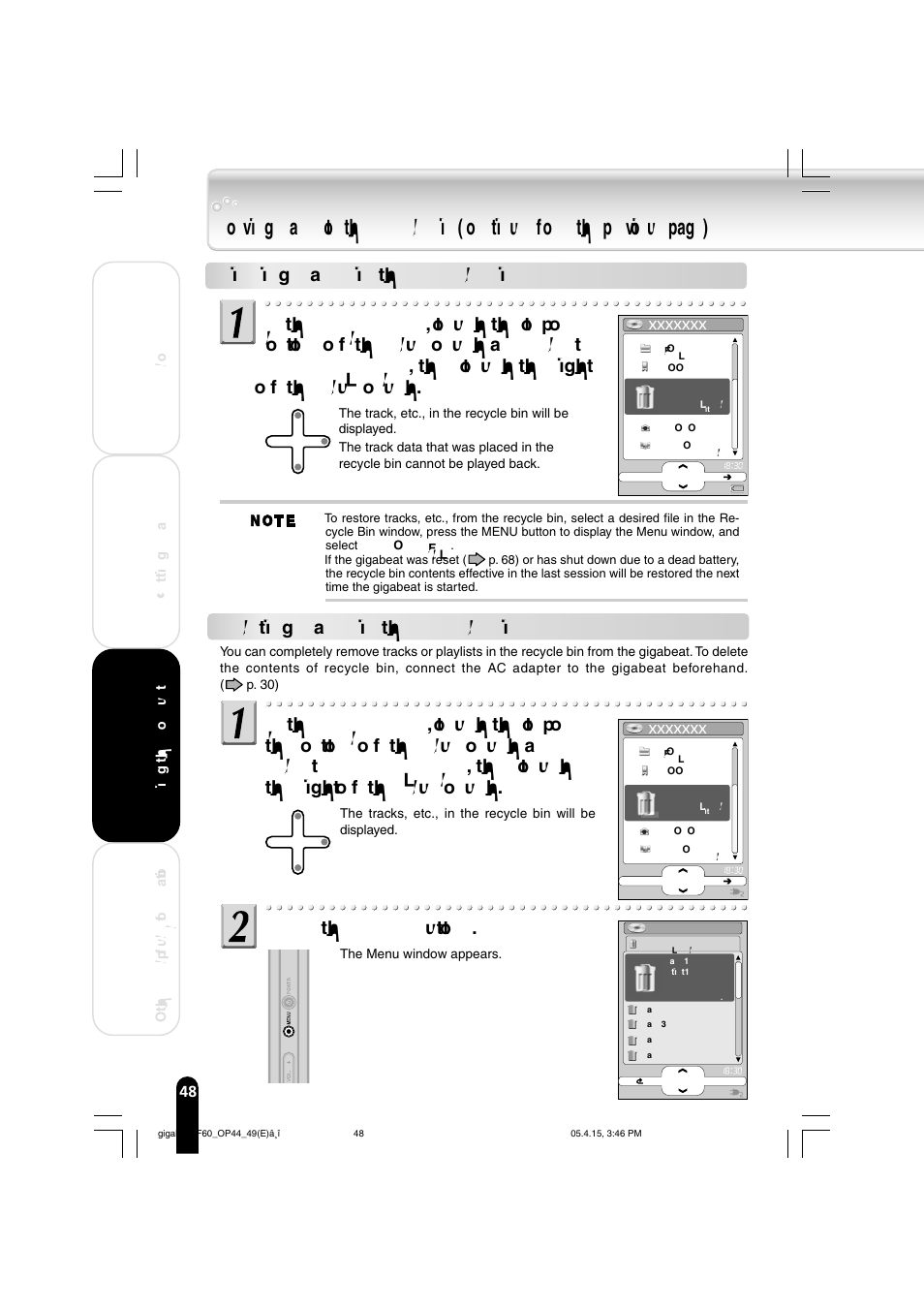 Deleting tracks in the recycle bin, Press the menu button | Toshiba MEGF40 User Manual | Page 48 / 75