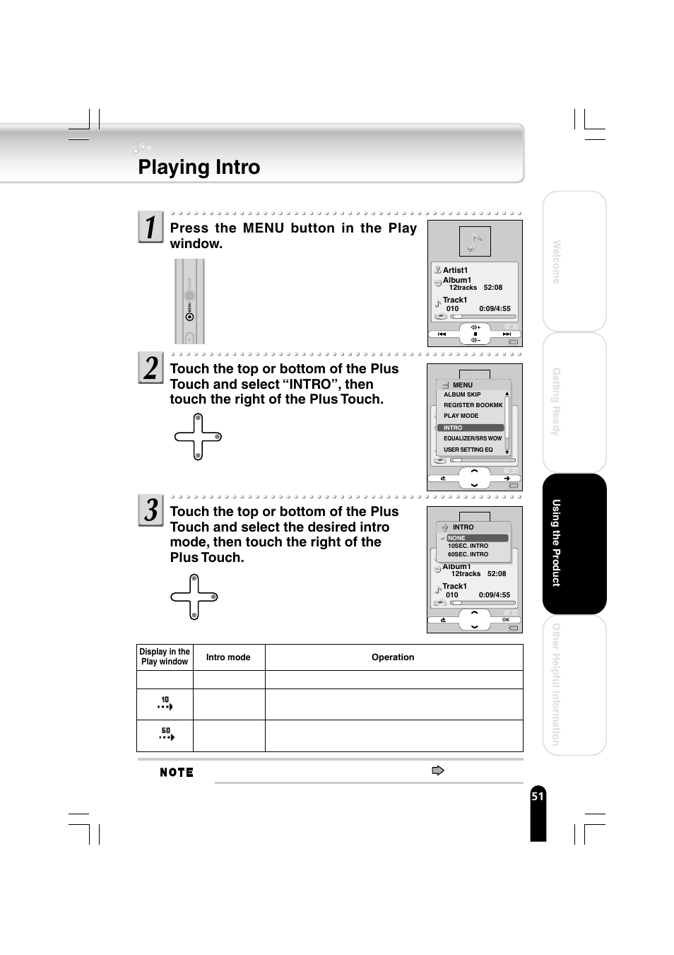 Playing intro, Press the menu button in the play window | Toshiba MEGF40 User Manual | Page 51 / 75