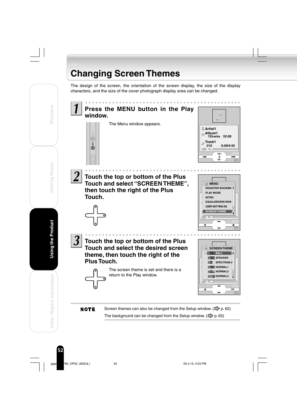 Changing screen themes, Press the menu button in the play window | Toshiba MEGF40 User Manual | Page 52 / 75