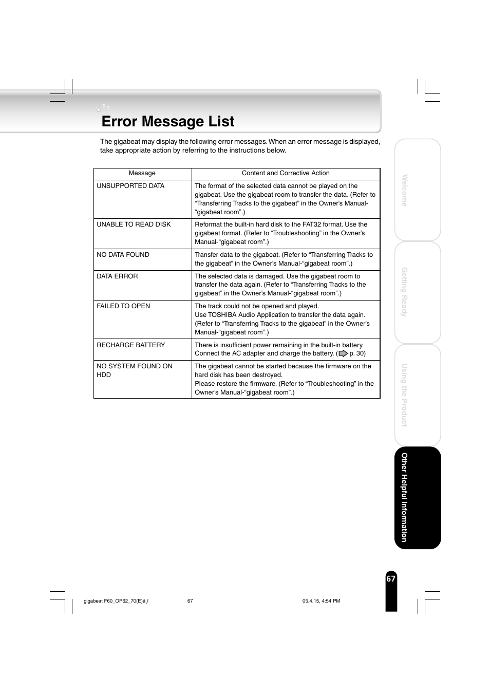 Error message list | Toshiba MEGF40 User Manual | Page 67 / 75