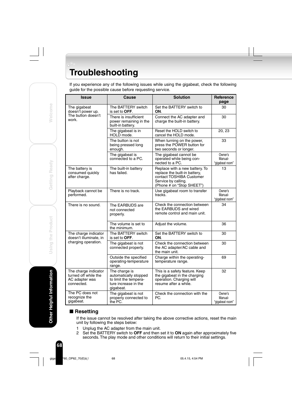 Troubleshooting, Resetting | Toshiba MEGF40 User Manual | Page 68 / 75