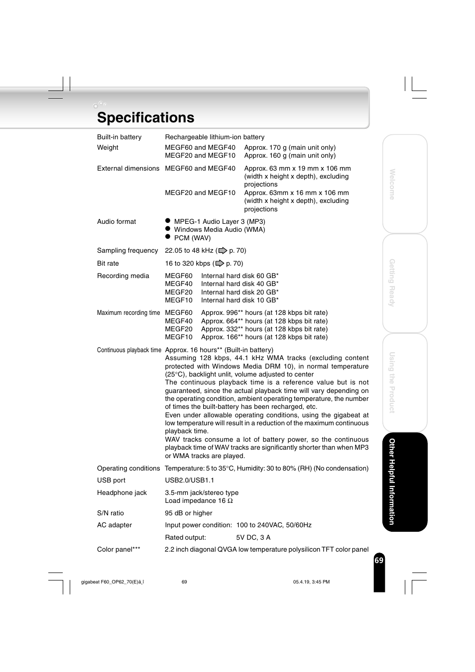 Specifications | Toshiba MEGF40 User Manual | Page 69 / 75