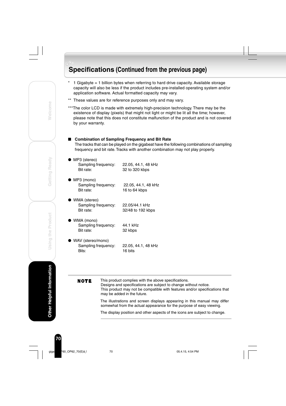 Specifications (continued from the previous page) | Toshiba MEGF40 User Manual | Page 70 / 75