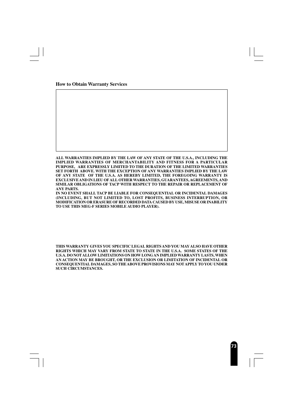 73 how to obtain warranty services | Toshiba MEGF40 User Manual | Page 73 / 75