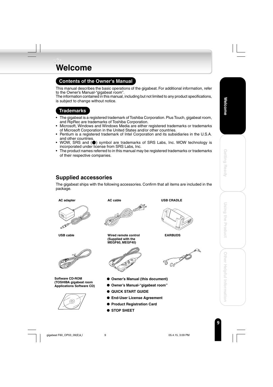 Welcome, Supplied accessories | Toshiba MEGF40 User Manual | Page 9 / 75