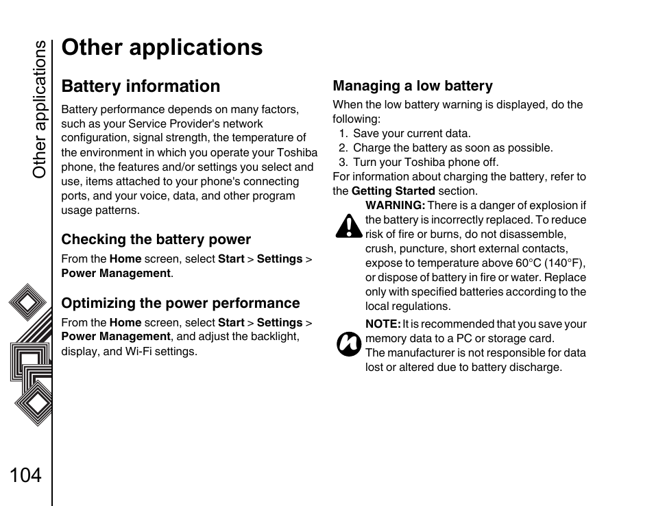 Other applications 104 battery information 104, Other applications, Battery information | Toshiba G500 User Manual | Page 105 / 123