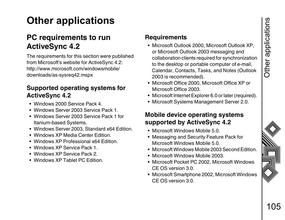Pc requirements to run activesync 4.2, Other applications | Toshiba G500 User Manual | Page 106 / 123